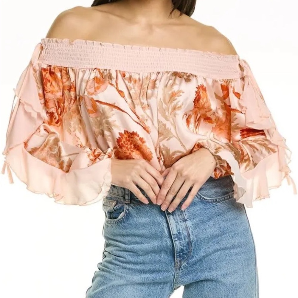 Free People Size L Pink and Orange Floral Off-Shoulder Blouse